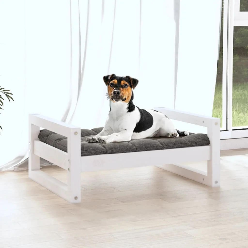 Canapé-lit surélevé pour chien, bois de pin massif, blanc – Image 3