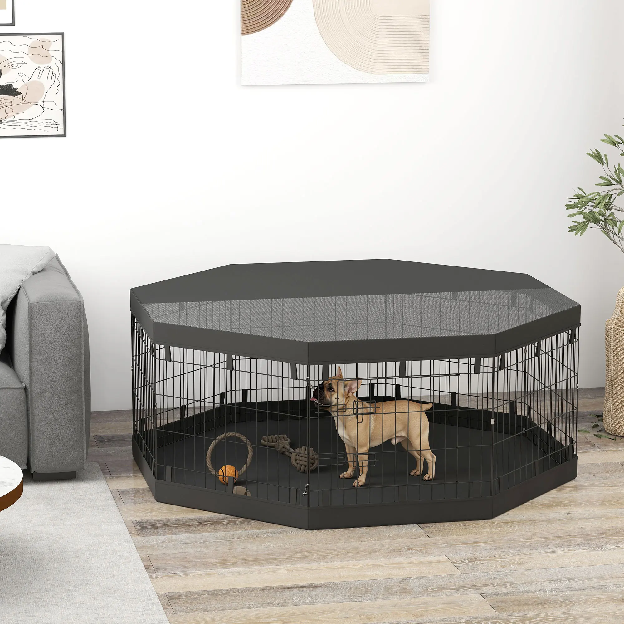 Parc pour chien 8 panneaux pliables avec porte et toit – Image 2