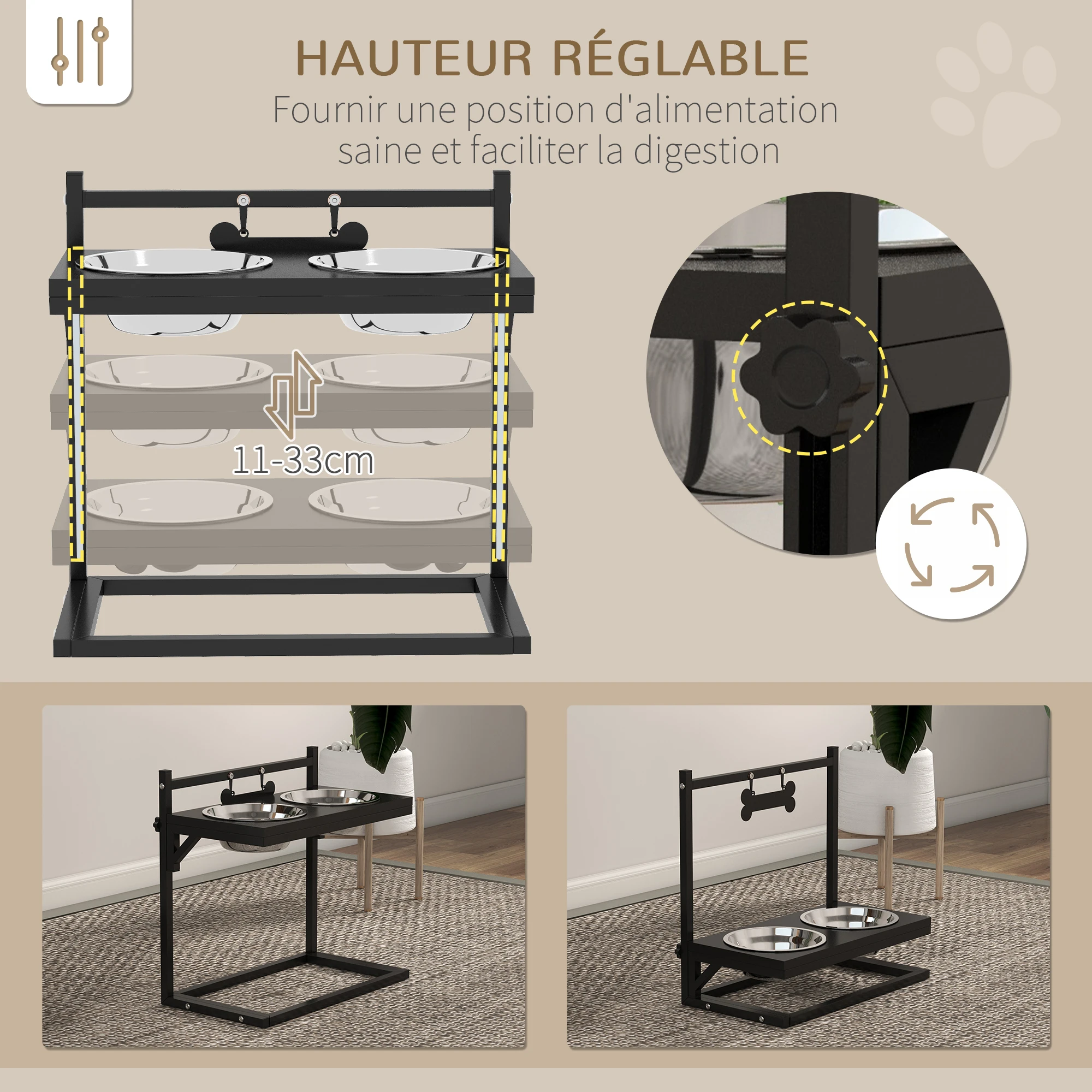 Gamelles surélevées pour chien avec 2 bols inox et support réglable – Image 4