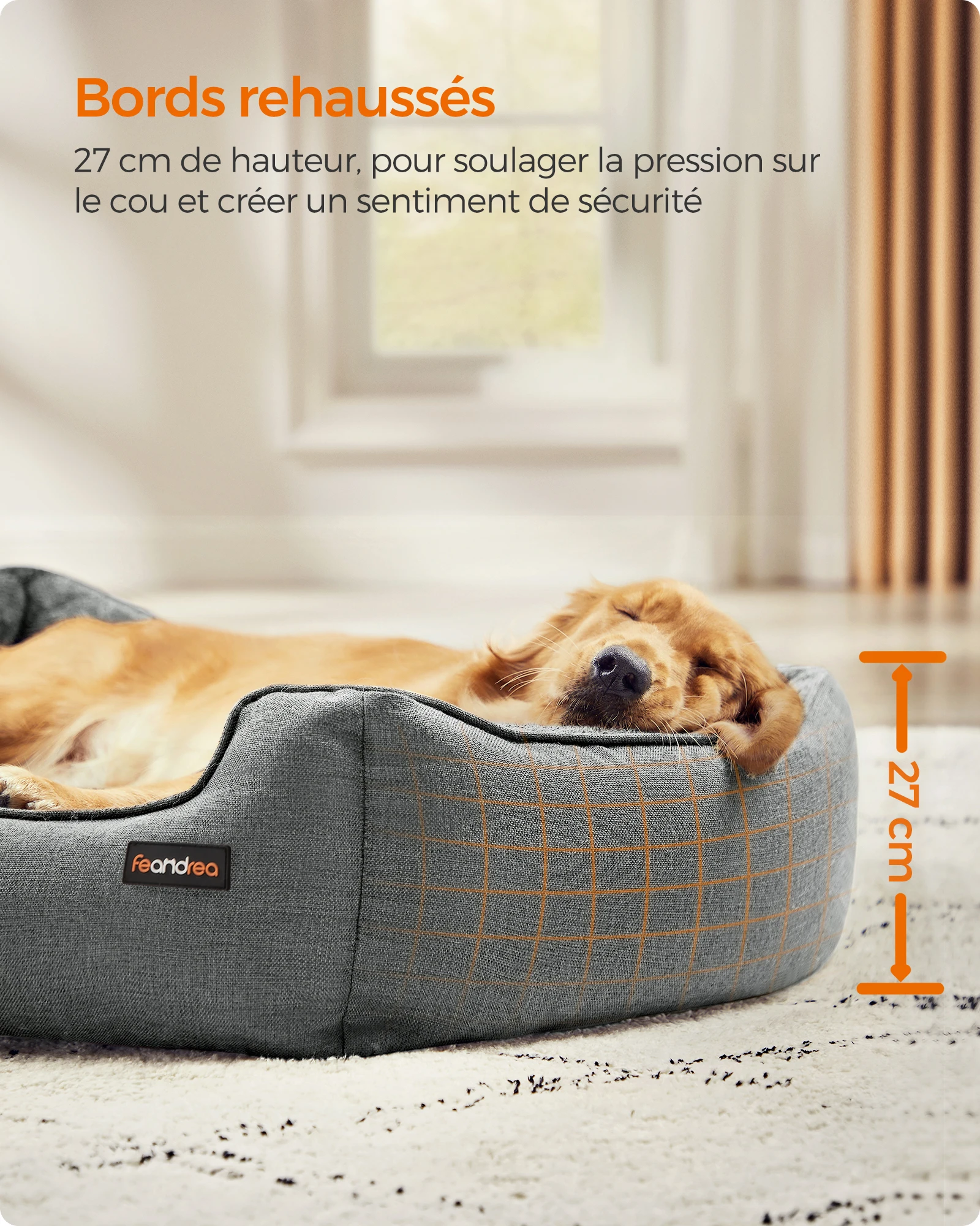 Canapé-lit pour chien en tissu façon lin, bord rehaussé, housse amovible – Image 3