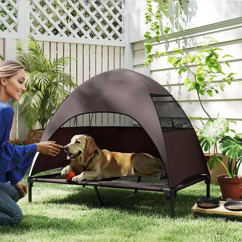 Lit surélevé avec toit anti-soleil pour chien, extérieur – Image 2