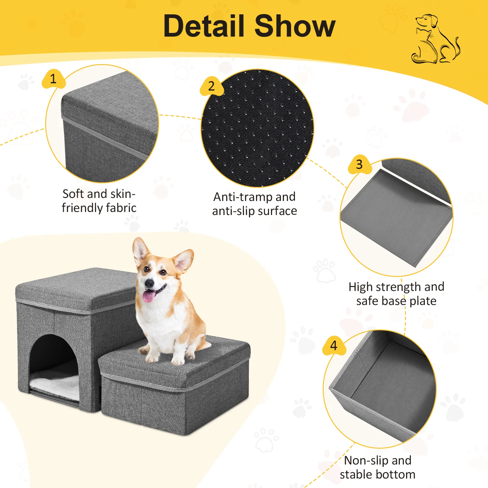 Escalier pliable 2 marches pour petit chien avec rangement – Image 2