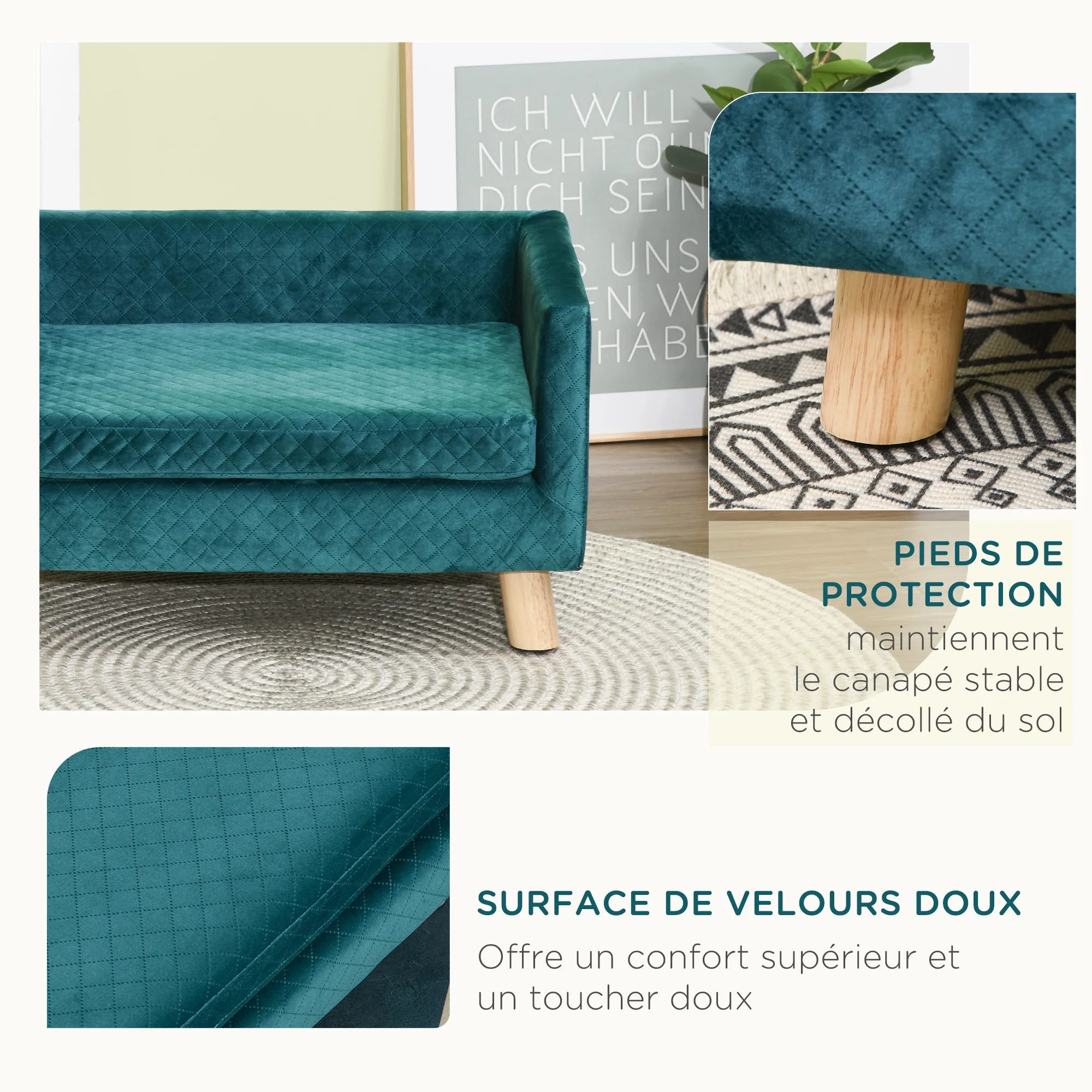 Canapé chien scandinave velours bleu avec coussin moelleux – Image 4