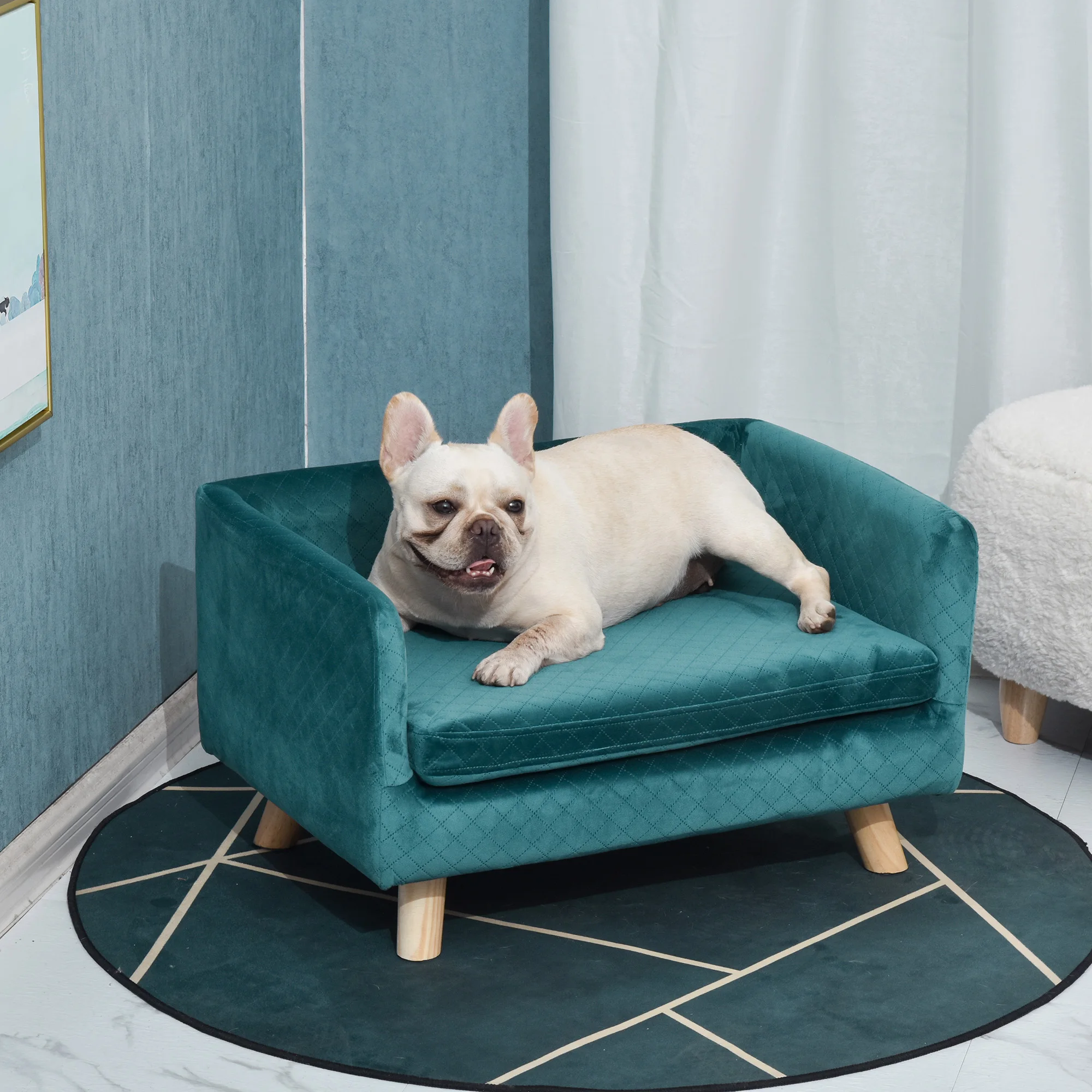 Canapé chien scandinave velours bleu avec coussin moelleux – Image 2