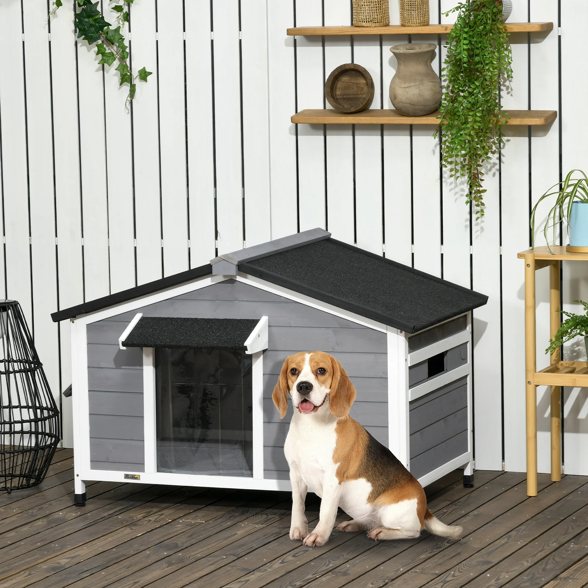 Niche chien style cottage, 2 fenêtres, bois sapin gris, toit bitumé – Image 2