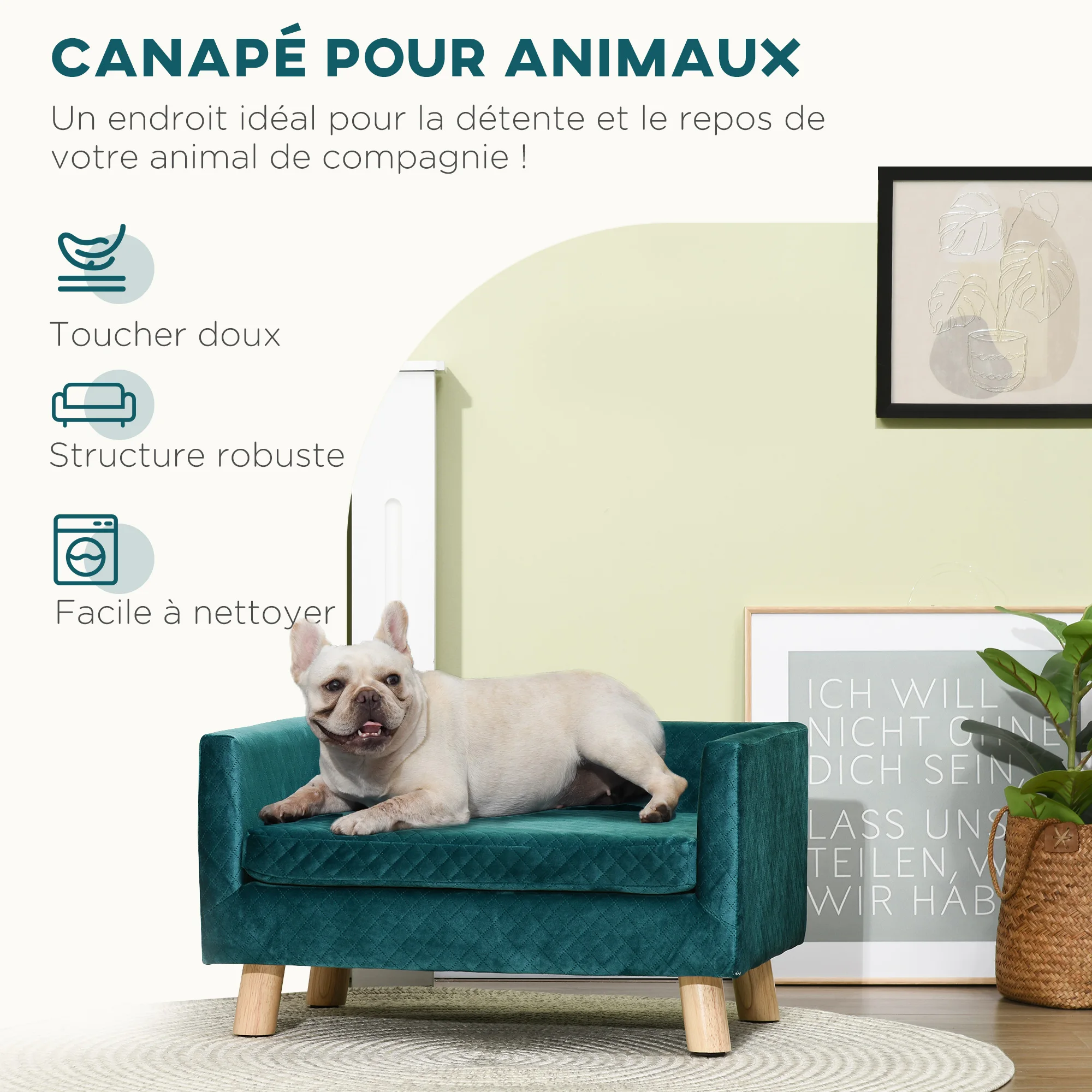 Canapé chien scandinave velours bleu avec coussin moelleux – Image 3