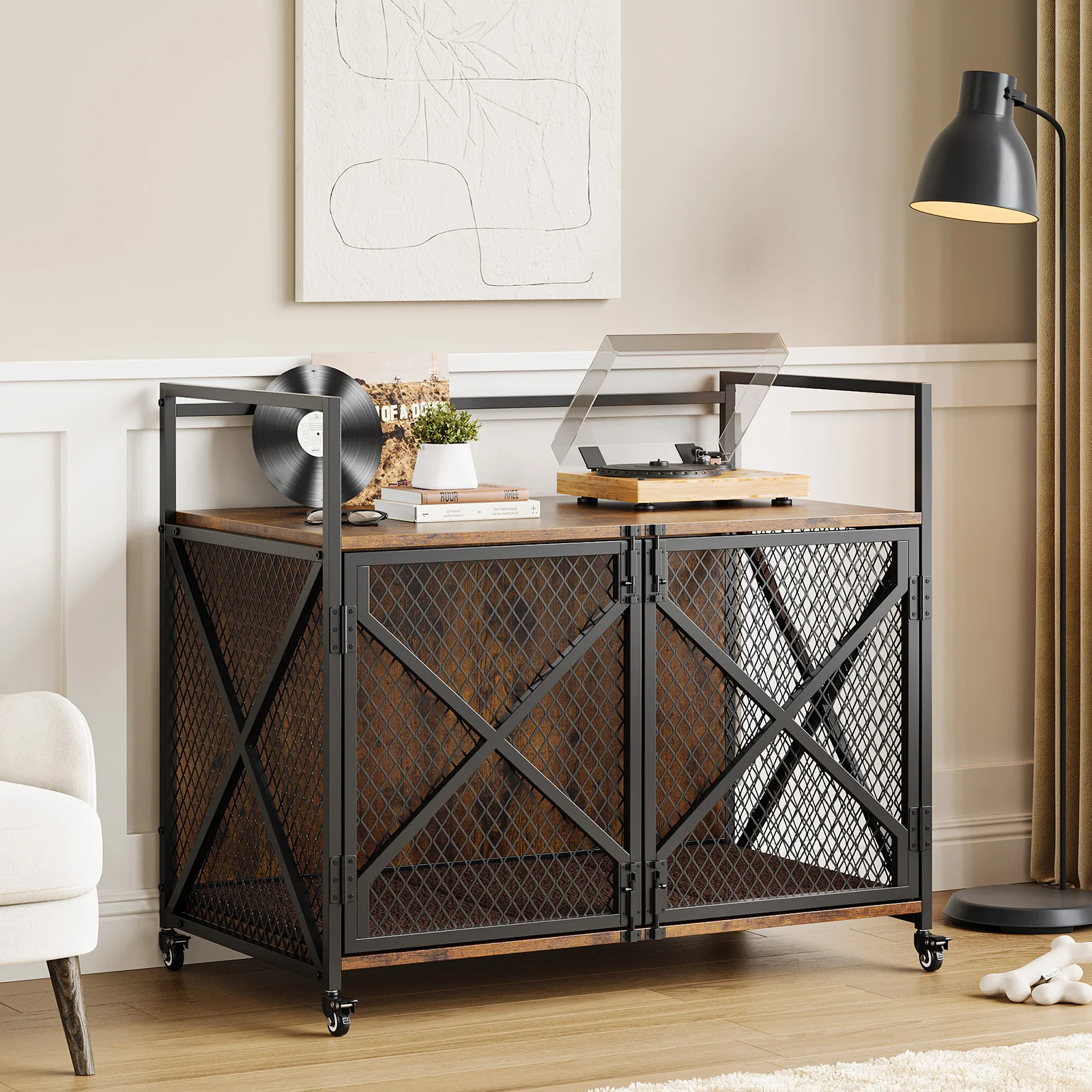 Cage d'intérieur en bois avec doubles portes, verrouillable et roulettes