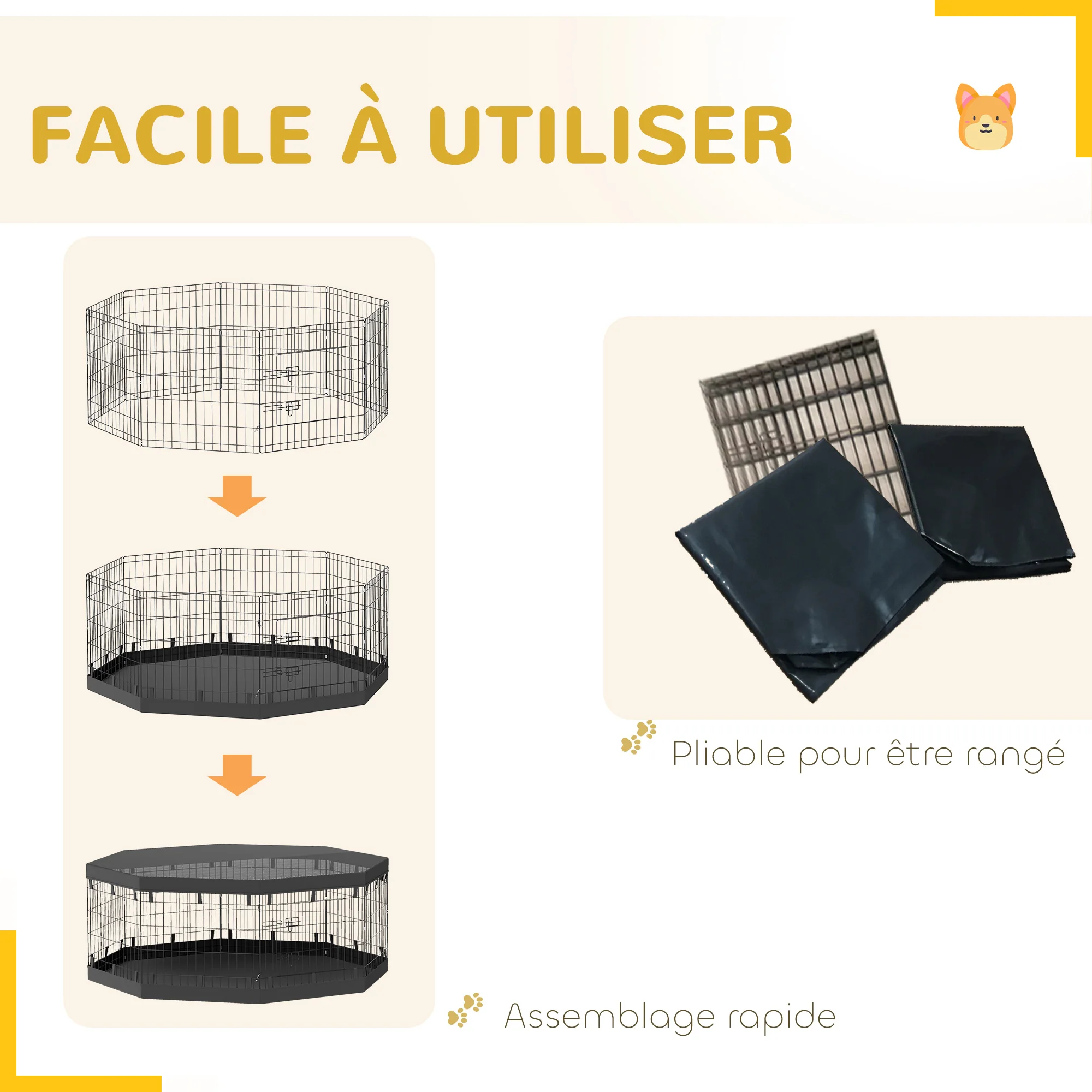 Parc pour chien 8 panneaux pliables avec porte et toit – Image 4