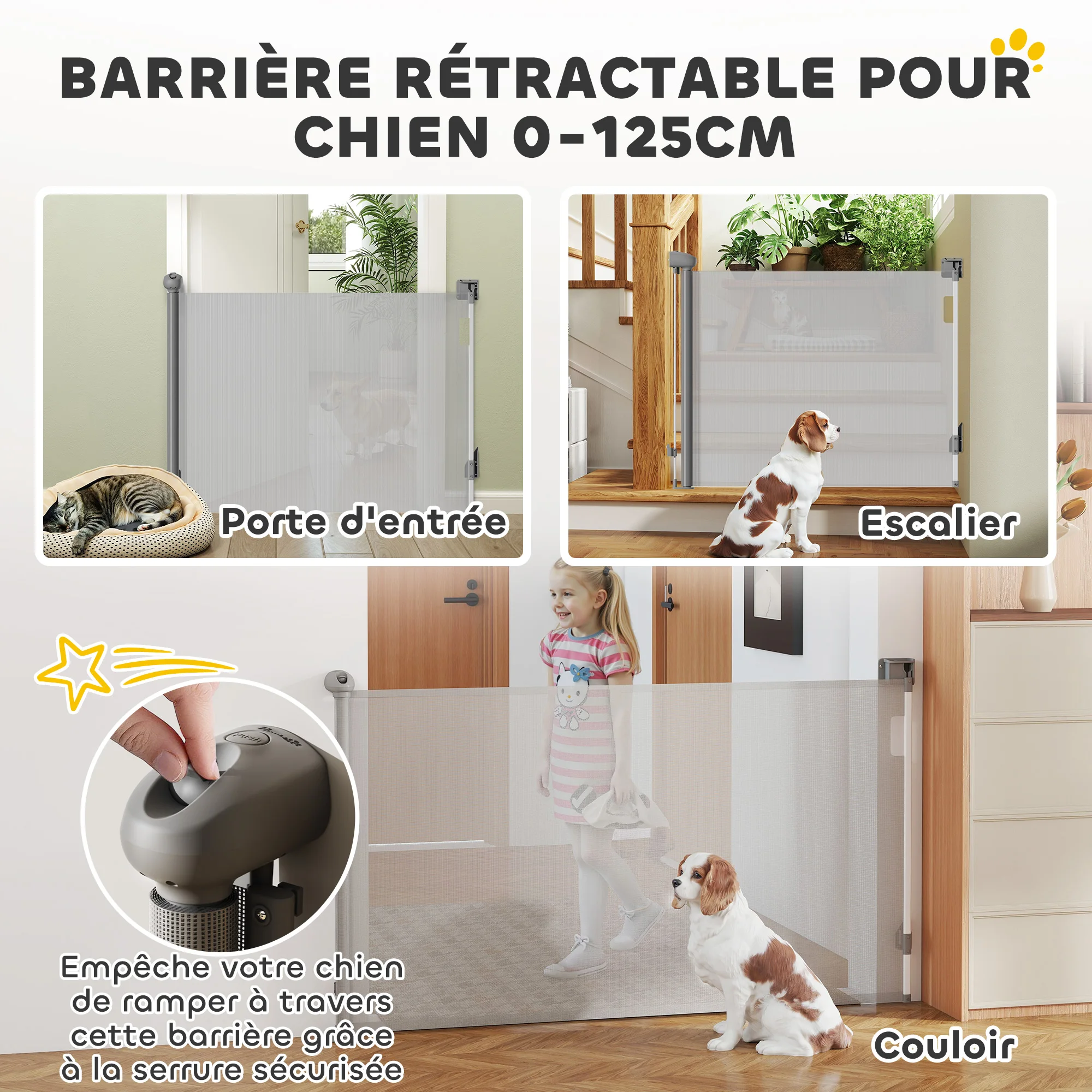 Barrière rétractable pour chien, filet extensible, largeur 149 cm, sécurité escalier – Image 3