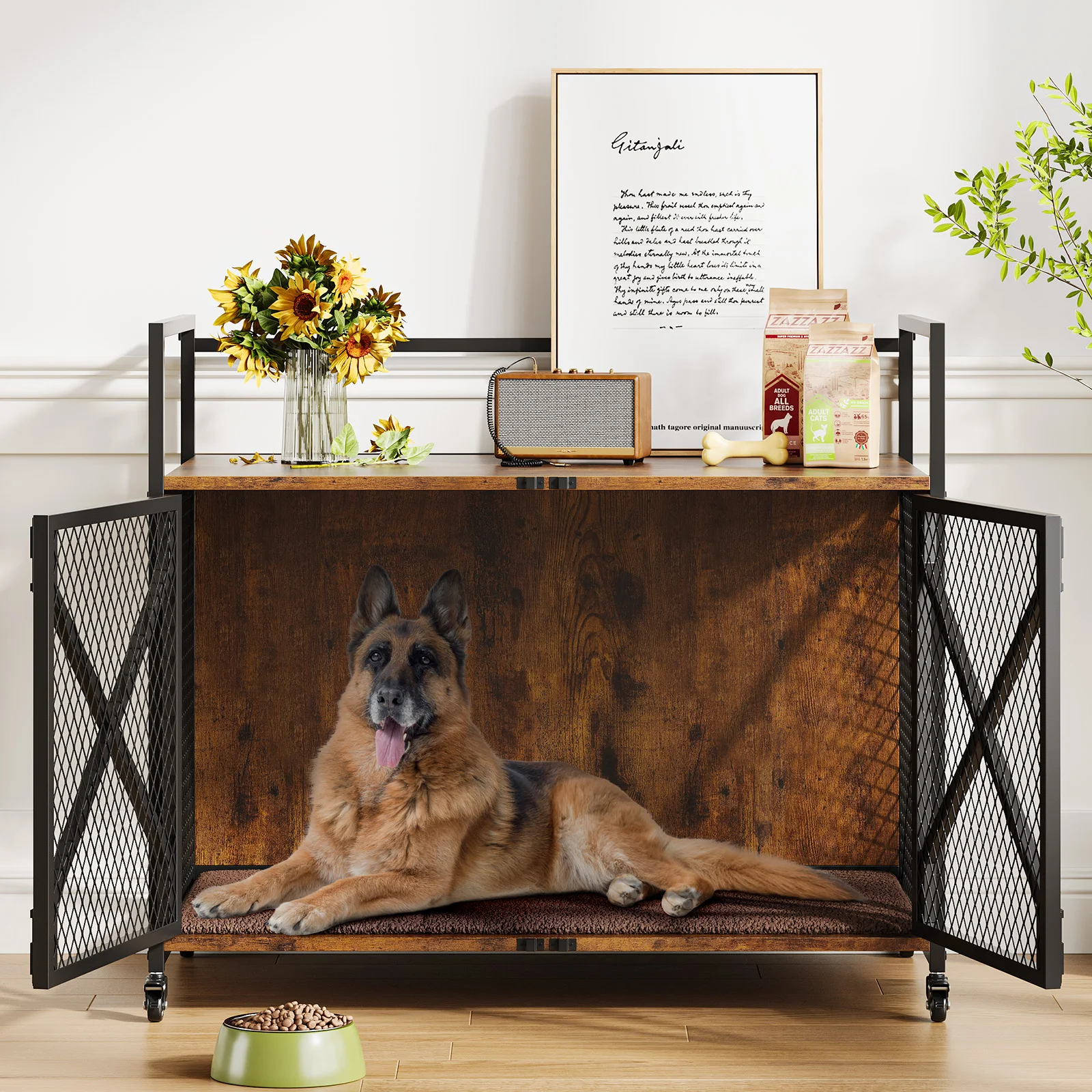 Cage d'intérieur en bois avec doubles portes, verrouillable et roulettes – Image 2