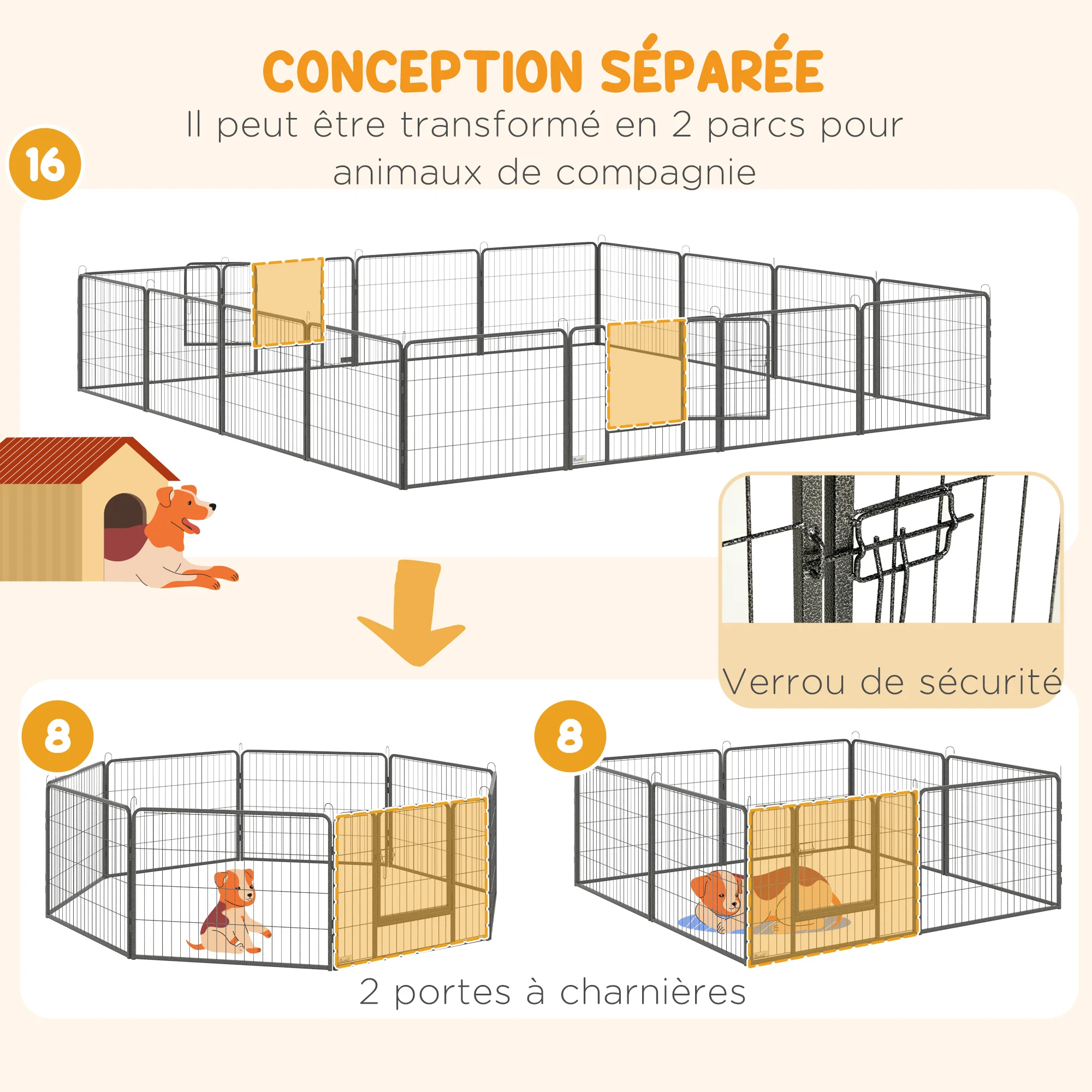 Parc pour chien modulable, 16 panneaux pliables, acier 60 cm – Image 4