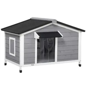 Niche chien style cottage, 2 fenêtres, bois sapin gris, toit bitumé