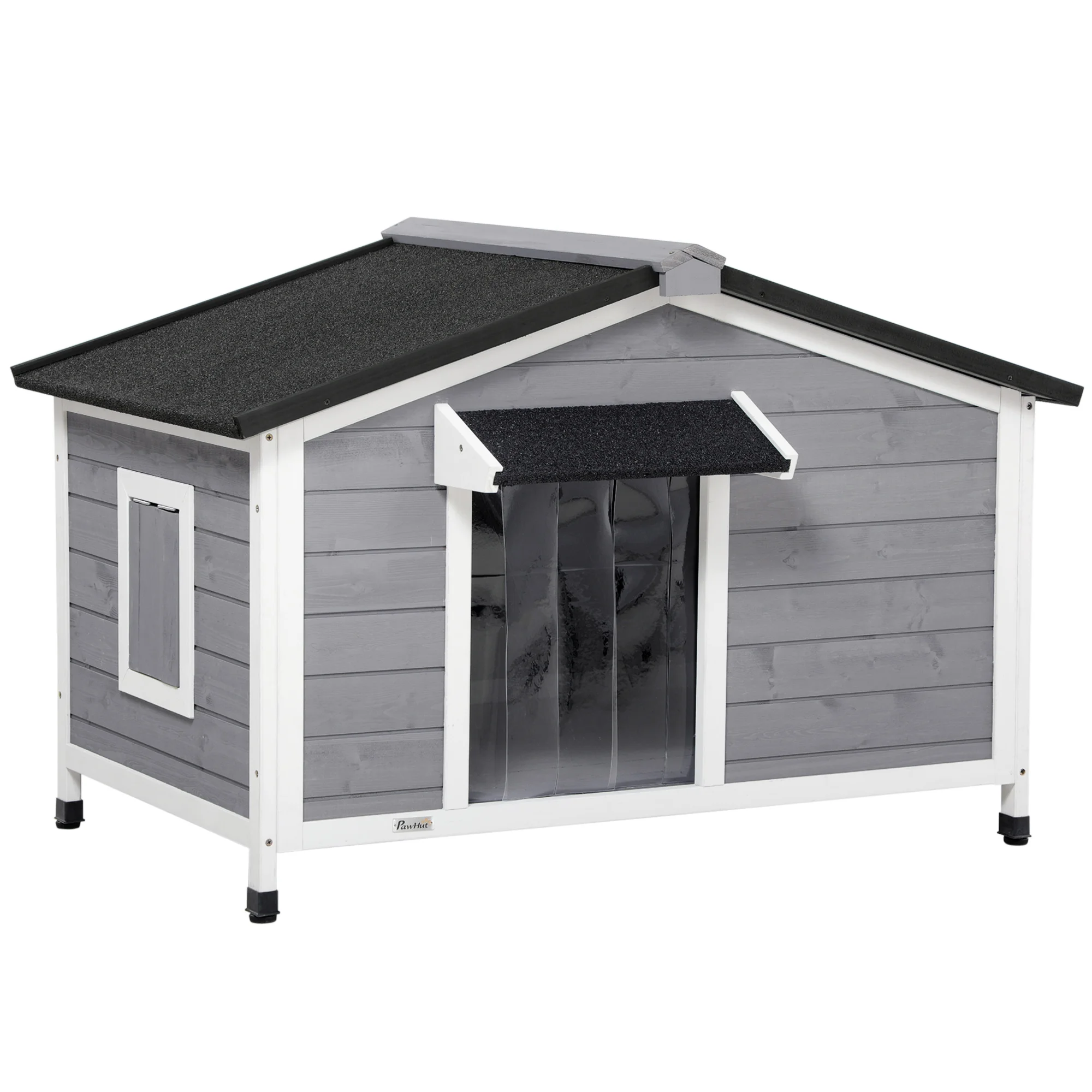 Niche chien style cottage, 2 fenêtres, bois sapin gris, toit bitumé